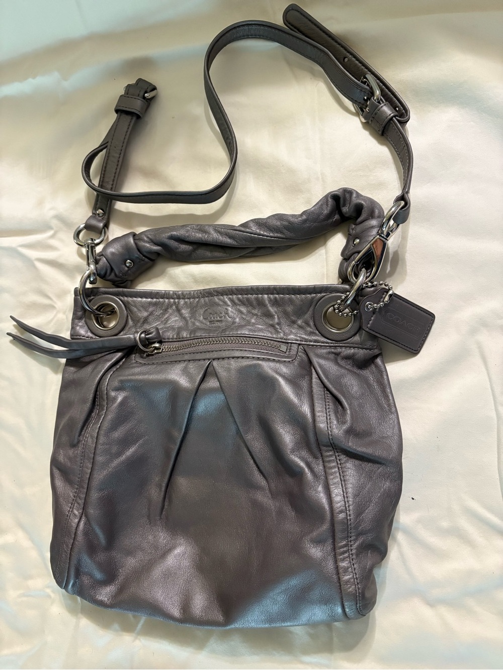 Coach Grey Leather Shoulder Bag with Handle and Crossbody Strap